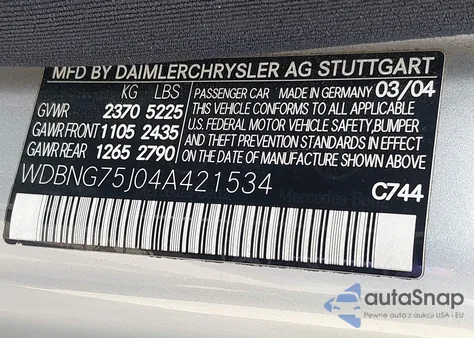 2004 Mercedes-Benz S 500 z USA, uszkodzony, nr VIN WDBNG75J04A421534